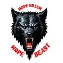 one centered black werewolf head with "HOPE KILLER" written above in red and the word "BEAST" written below tattoo design idea