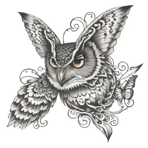 owl eyes and butterfly and number 5 tattoo design idea