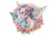Female Angel Warrior with roses and butterflys tattoo design idea