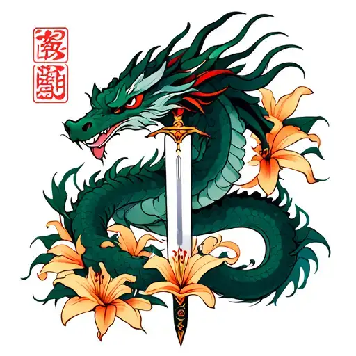 create a dragon wrapped around a sword facing downwards with lillies around with the chinese symbols love luck and hope  tattoo design idea