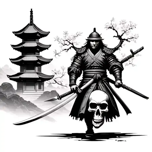 samurai warrior with skull ma walking forward with a blade in each hand. with a pagoda on the back ground . with blossom tattoo design idea