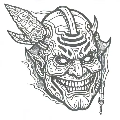 An oni mask surrounded by horror movie icons like Freddy Krueger, Jason Voorhees, and Chucky tattoo design idea