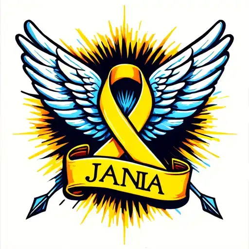 "JANIA" wing and ribbon symbol for down syndrome arrows and yellow tattoo design idea