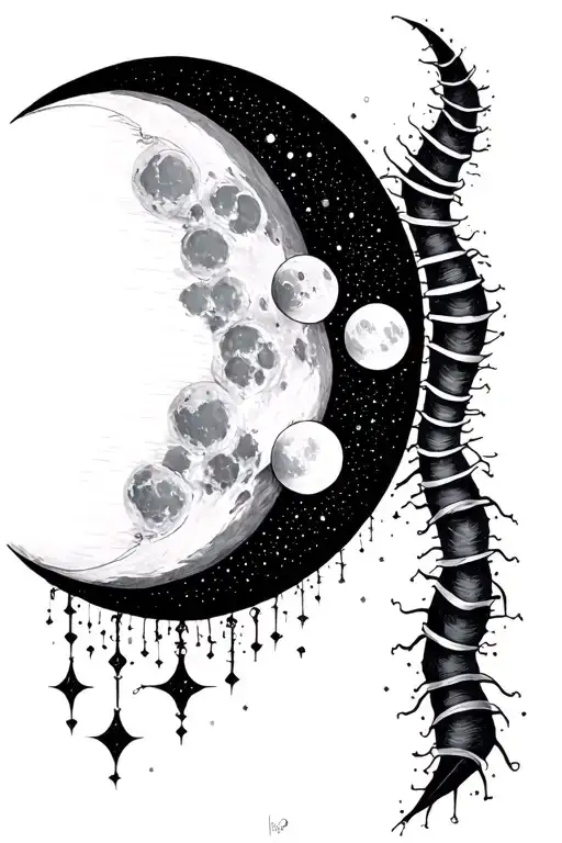 black and white spine tattoo of moon phases with celestial them tattoo design idea