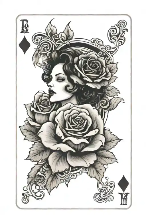 roses, black dahlia, death, queen of hearts playing card tattoo design idea