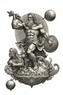 Greek Titan Atlas holding up the world, helped by the Norse God Odin with Norse magic  tattoo design idea