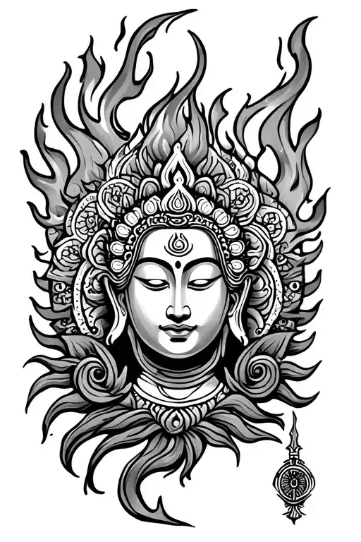 Buddhist inspired with mandala and fire flames and vajra tattoo design idea