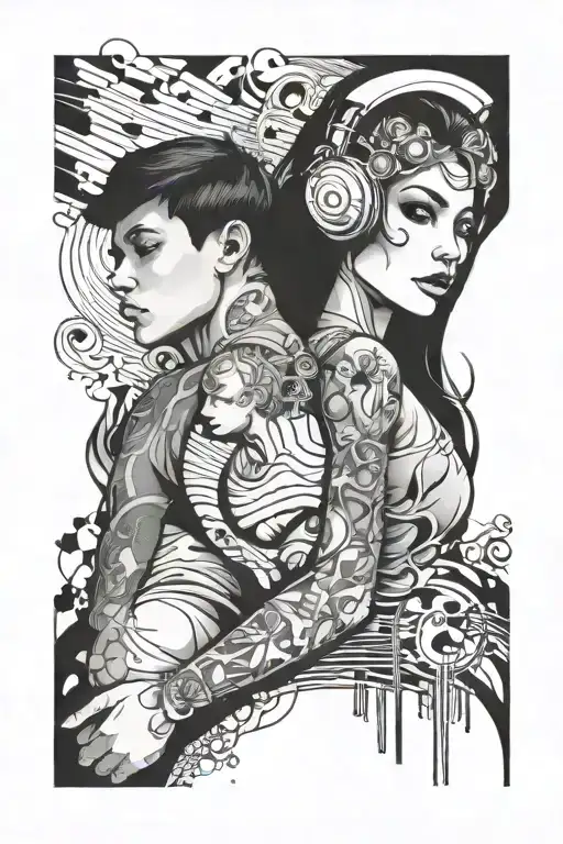 A sleeve tattoo featuring friends relationship mixed with music hip hop references  tattoo design idea