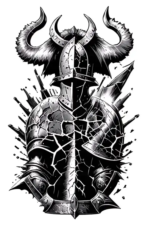 Templar knight helmet shield cracked tattoo design idea