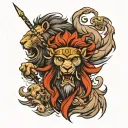 warrior emerging from lion head  tattoo design idea