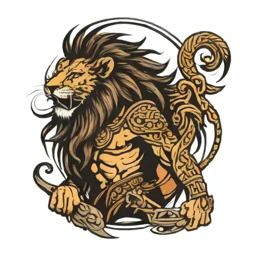 warrior emerging from lion head  tattoo design idea