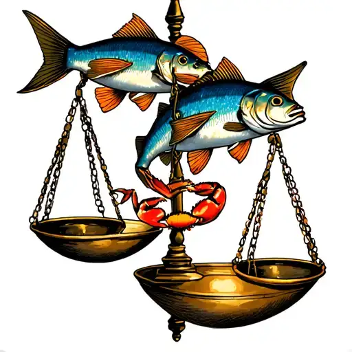 Libra scale weighing pisces fish on one side of the balance and cancer crab on the other tattoo design idea