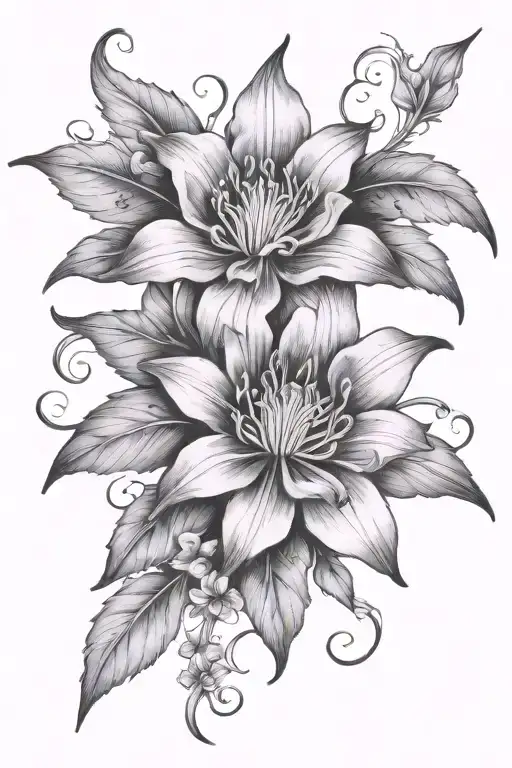 columbine flower with night rider lily flower and gothic leaves under collar bone and done sternum  tattoo design idea