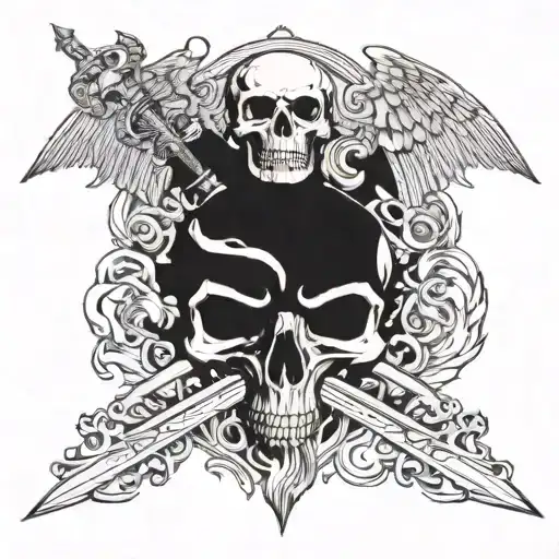 skull on fire with angel holding a sword tattoo design idea