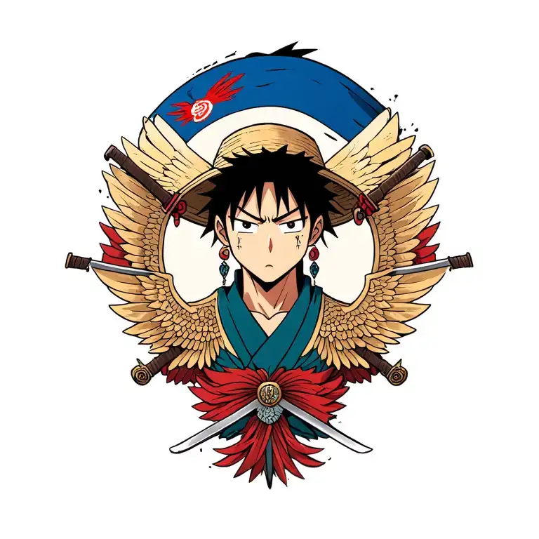 The Straw Hat flag, Tanjiro's earrings, Zoro's earrings, Inosuke's swords, the Wings of Freedom from Attack on Titan tattoo design idea