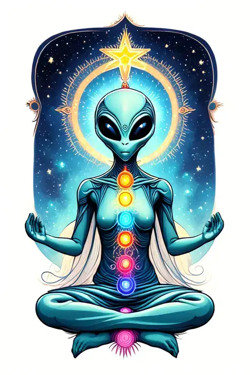 an alien with chakras meditating on a star tattoo design idea