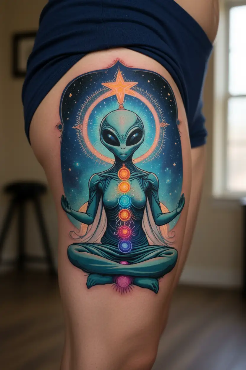 an alien with chakras meditating on a star tattoo design idea