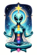 an alien with chakras meditating on a star tattoo design idea