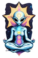 an alien with chakras meditating on a star tattoo design idea