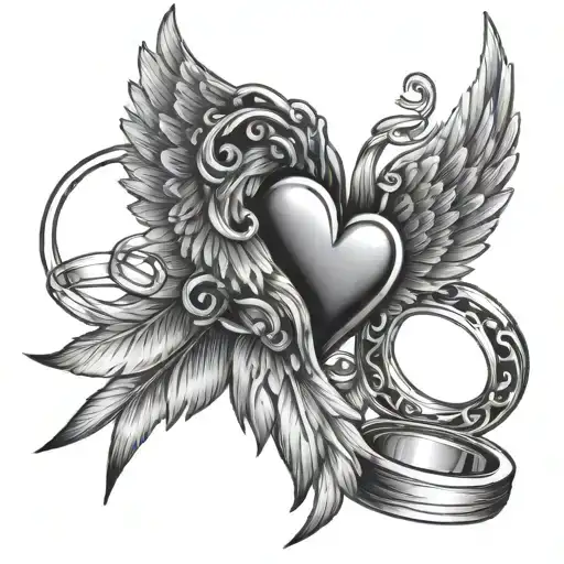   angel wings and  heart beat and wedding rings  tattoo design idea