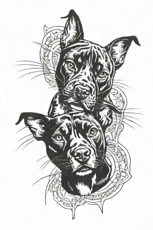 1 cat and 1 pitbull back to back tattoo design idea