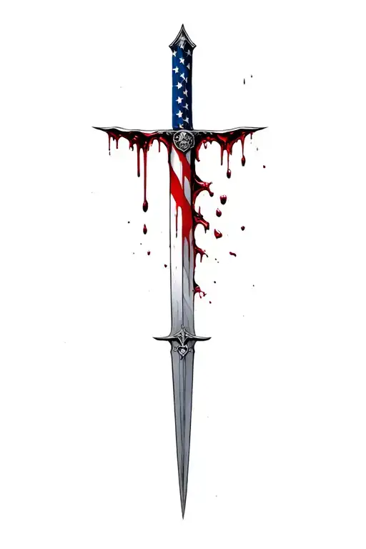 upward hilt blood dripping and tattered usa flag and sharp long blade tattoo design idea