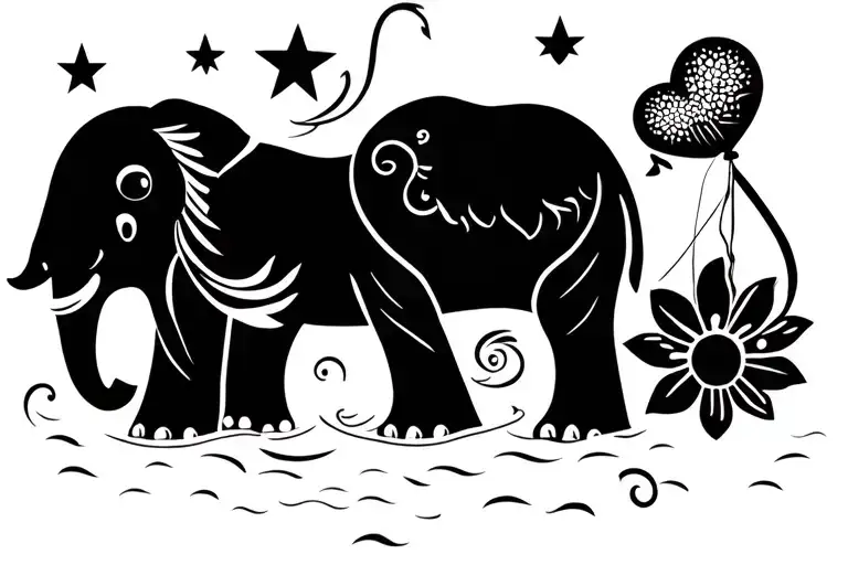 Elephant, swan, star, star, starter, fishing with fish, flower tendril, cats paw, heart balloon, middle finger tattoo design idea