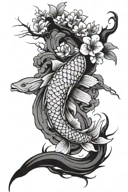 koi fish, samurai, cherry blossom tree tattoo design idea