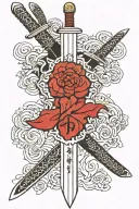 Claymore sword with text "Above the canopy of stars, God judges as we judge" tattoo design idea