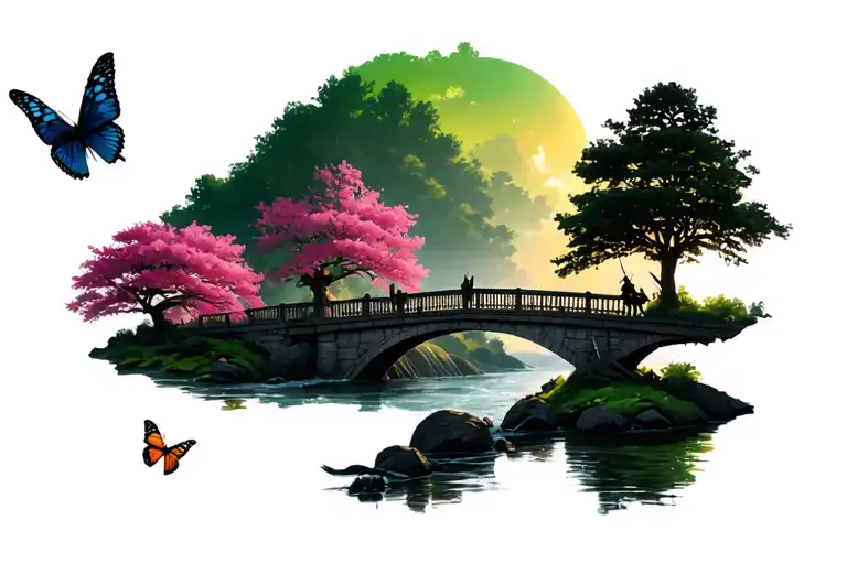 Trees of pink and green life, birds and butterflies with a front warrior and a bridge with a river tattoo design idea