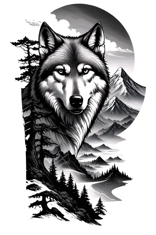 Wolf's first floor and japan mountain with tree and a bit foggy forest sleeve tattoo design idea