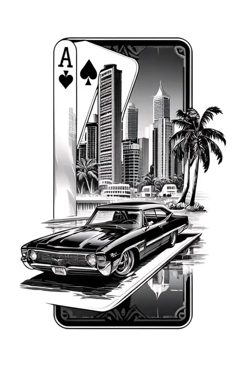 playing cards and cars with Miami skyline  tattoo design idea