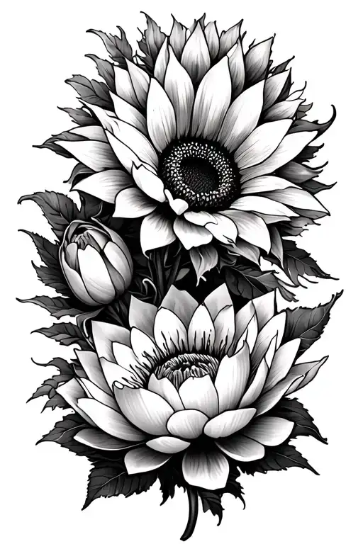 sunflowers, lotus, and peonies growing tattoo design idea