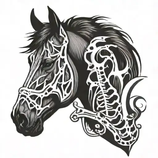Horse head silhouette with skeleton horse head inside tattoo design idea