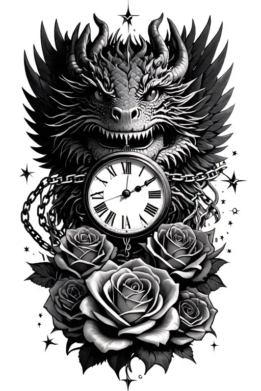 clock face in eye looking, dragon emerging, stars constelation, roses, angel wings, chains tattoo design idea