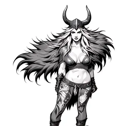 sexy Viking girl, big boobs, messy hair, animal fur tattoo design idea