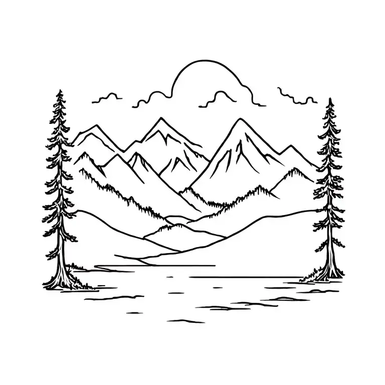 Mountains, Trees, lake scene tattoo design idea
