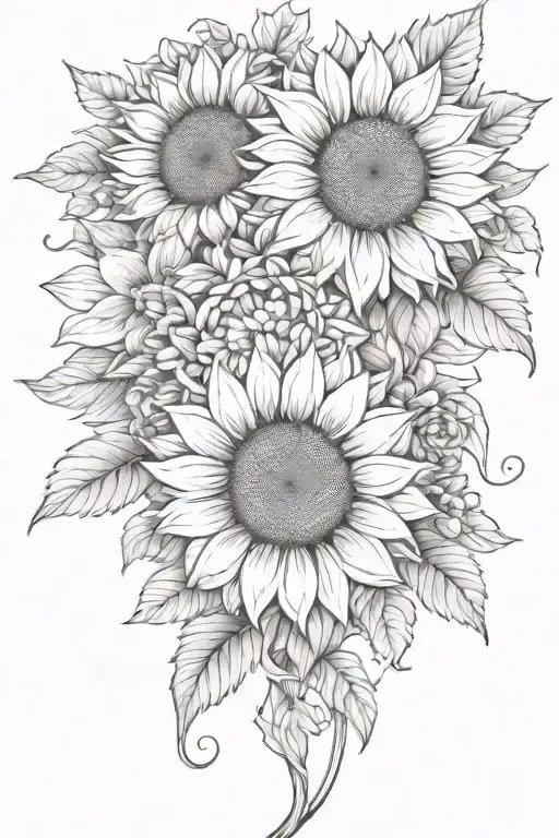 large sunflower surrounded by roses and chrysanthemums flower tattoo design idea