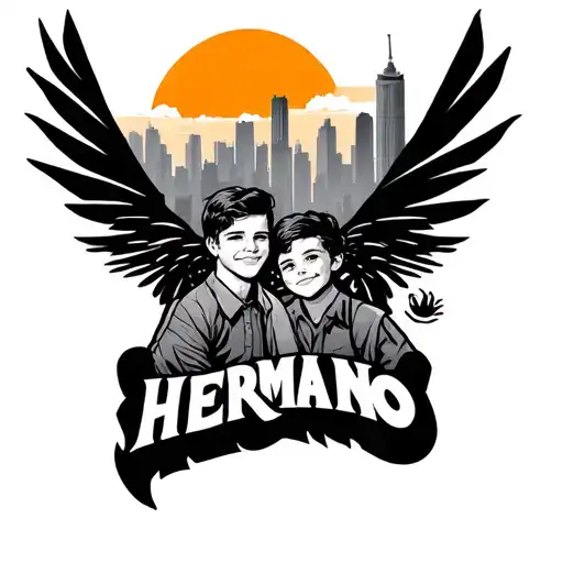 two brothers, one big and one smaller, with a city in the background with the sun and a cloud and the words hermano tattoo design idea