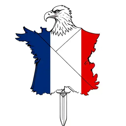 Create a geometric tattoo in the colors of France, representing an eagle holding a sword tattoo design idea