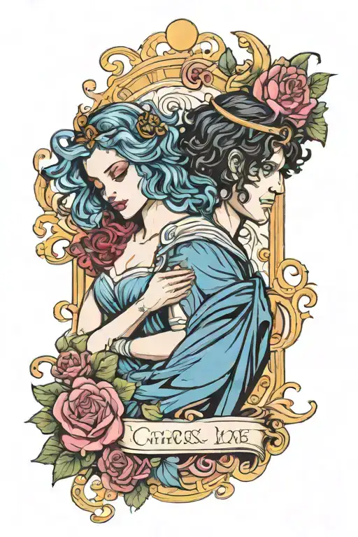 the lovers “persephone and hades” with a bible verse to 1 corinthians 13:4-5 tattoo design idea