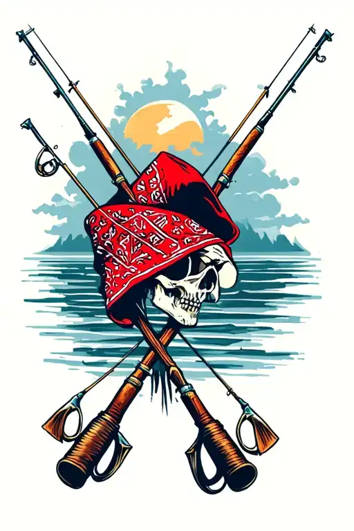 red bandana with fishing poles crossed tattoo design idea