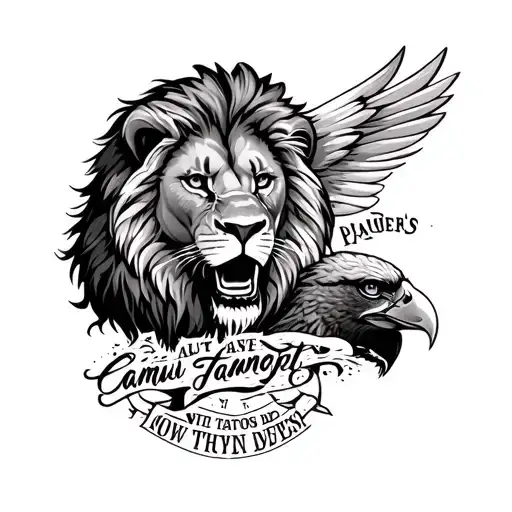 Full Forearm with lion , warrior , eagle ,campus and motivation quote  tattoo design idea