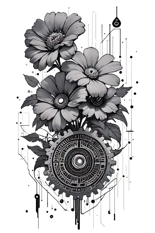 robotic flowers , surrounded by gears and geometric lines , add some robotic arms or features tattoo design idea