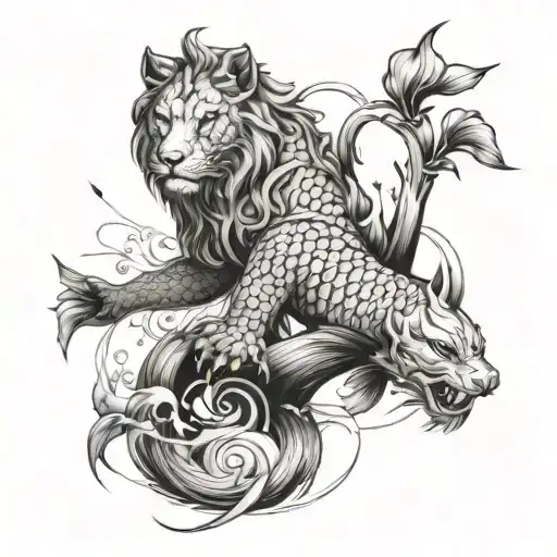 Combine elements of a lion, wolf, and arowana fish in a dynamic composition tattoo design idea