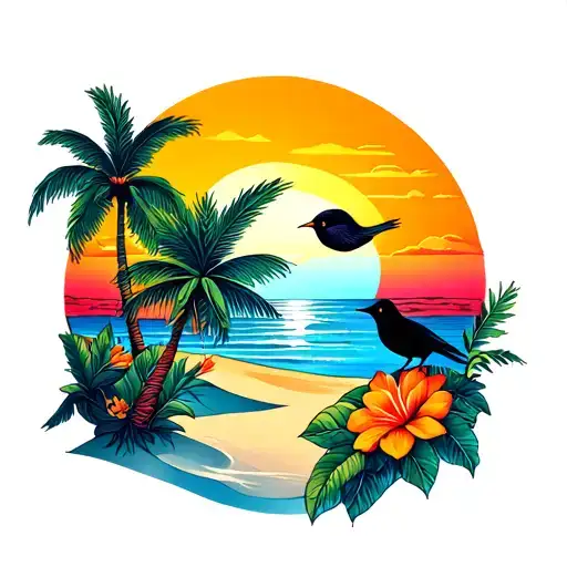 PALM TREE BIRDS FLOWERS AND SUNSET WITH SAND DUNES  tattoo design idea