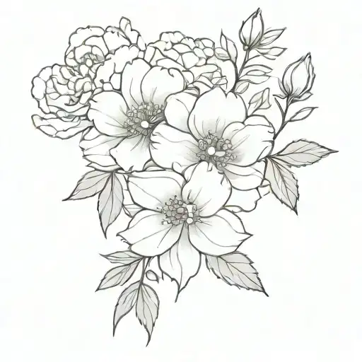 minimalist, fine line tattoo of bouquet of a violet, a peony and larkspur delicate and feminine all same size  tattoo design idea