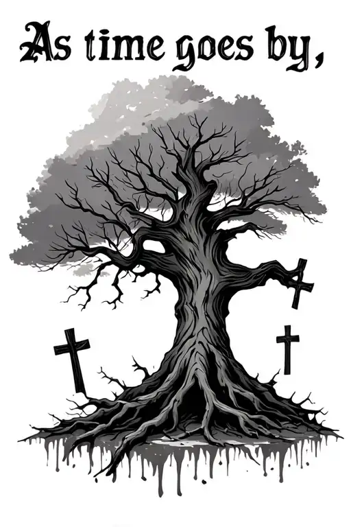 "As time goes by, i might heal." crosses and a tree dying tattoo design idea