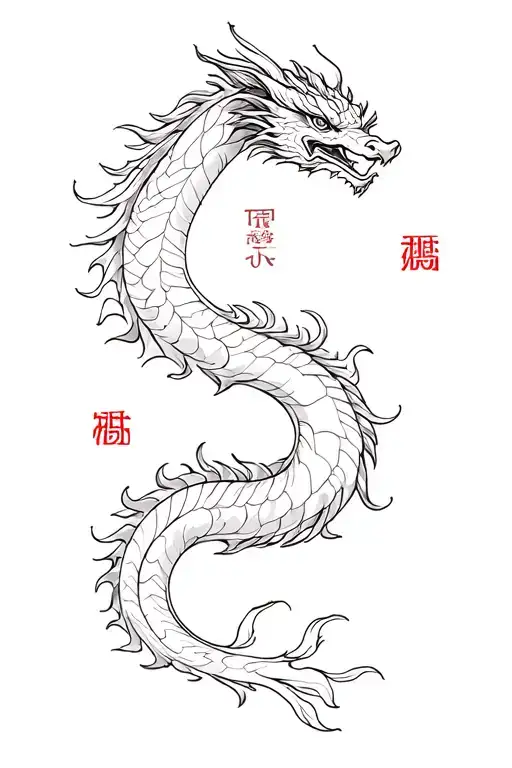 "thin lines, gentle, friendly, " Chinese dragon flying, tattoo design idea