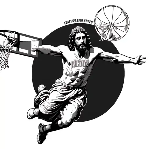 A highly detailed black and white illustration of Jesus performing a slam dunk.  tattoo design idea
